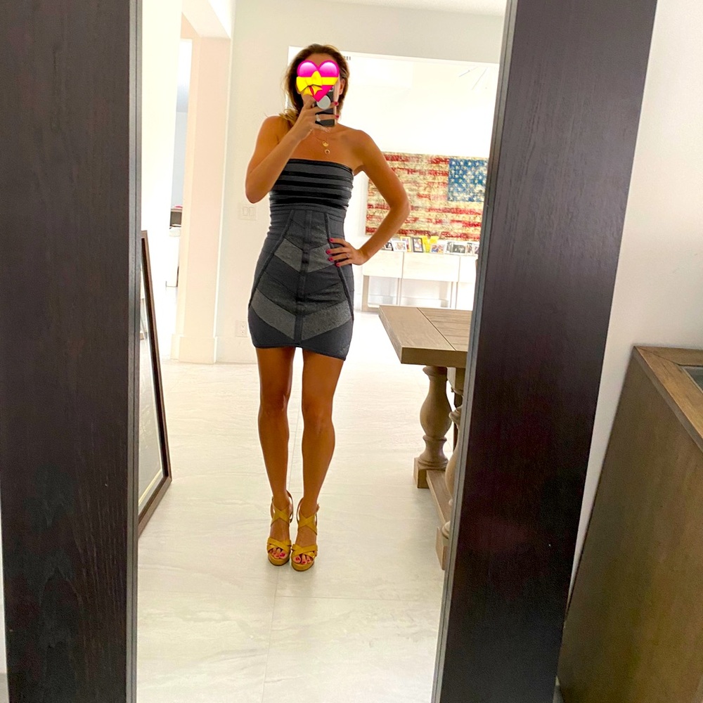 Bebe silver and faux leather trim mini dress